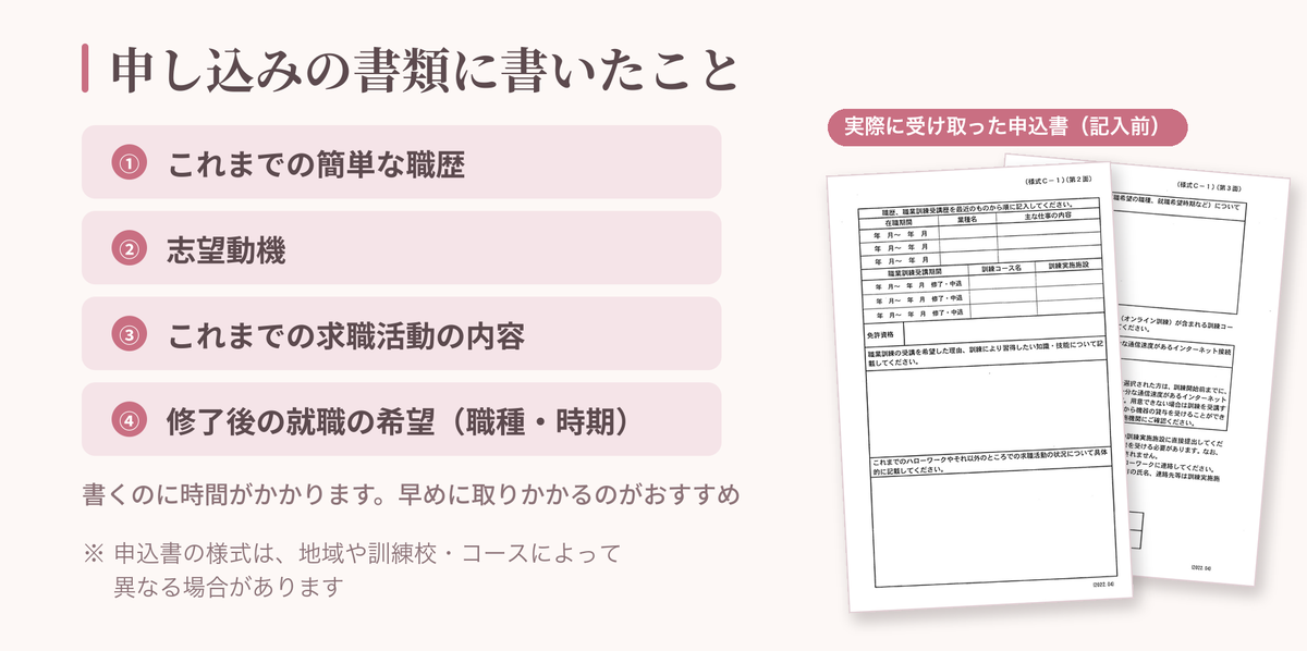 職業訓練の受講申込書（記入前）と、申し込み書類に書いた4つの項目